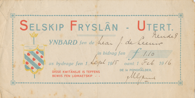 712898 Lidmaatschapsbewijs van ‘Selskip Fryslân - Utert’, ten name van de heer J. de Leeuw, Neude 8 te Utrecht